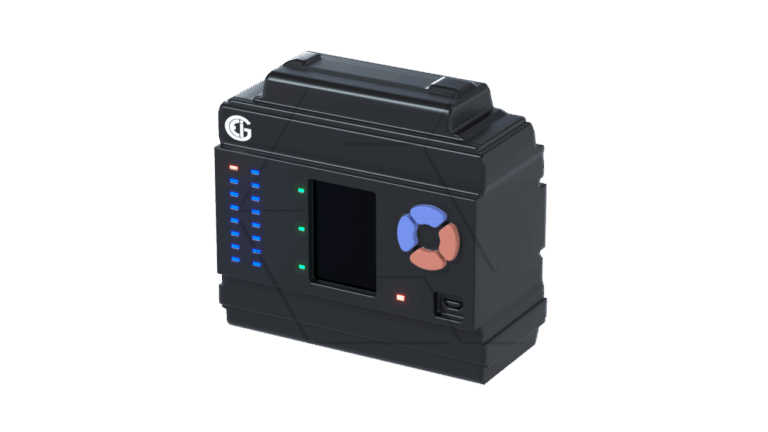 A black electronic device with a digital display, buttons, colored LED indicators, and a circular red and blue knob on the front, shown against a plain white background.