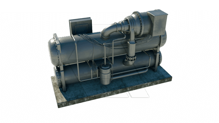 A large industrial machine with cylindrical tanks, pipes, and control boxes mounted on a concrete base, viewed from an elevated angle against a plain background.