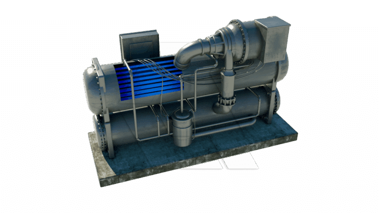 A 3D-rendered industrial machine with cylindrical tanks, blue highlighted tubes, and various metal pipes, mounted on a concrete base, isolated on a white background.