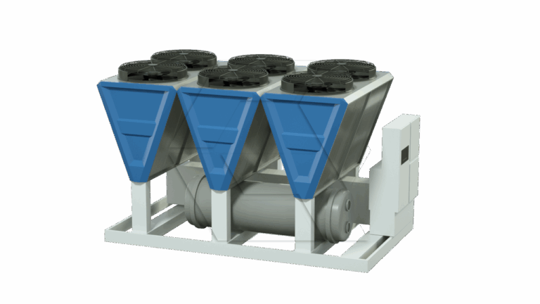 A 3D-rendered industrial chiller unit with six large fans on top, three blue triangular covers in front, and a gray cylindrical component at the base, mounted on a white frame.