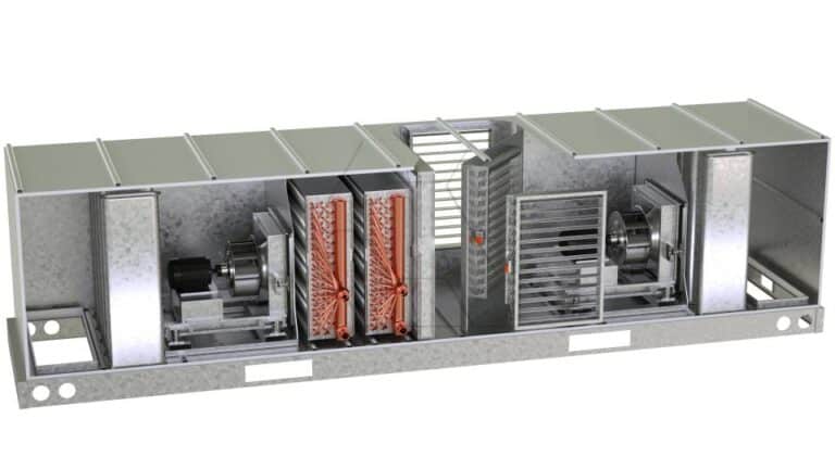 A cutaway view of a large industrial Equipment Library -Air Units air handling unit, showing internal components like fans, heat exchangers, filters, and metal panels in a rectangular metal enclosure.