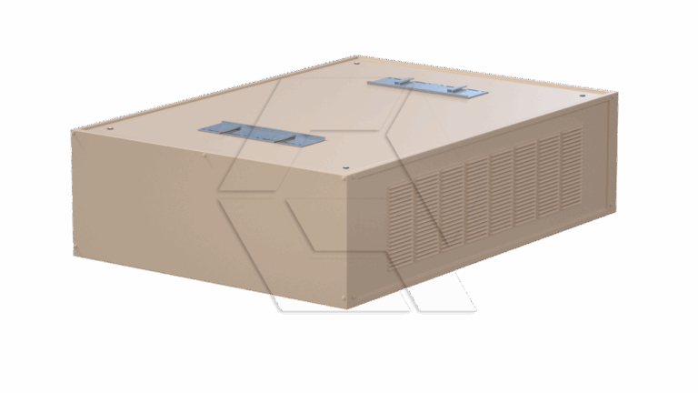 A beige rectangular metal box with ventilation slats on one side and two silver handles on the top, placed against a plain white background.