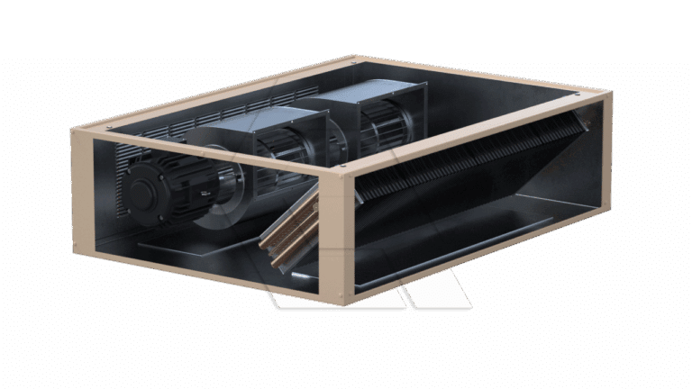 A rectangular HVAC air handling unit with a visible blower fan, motor, and heat exchanger coil inside a metal casing, shown against a plain white background.