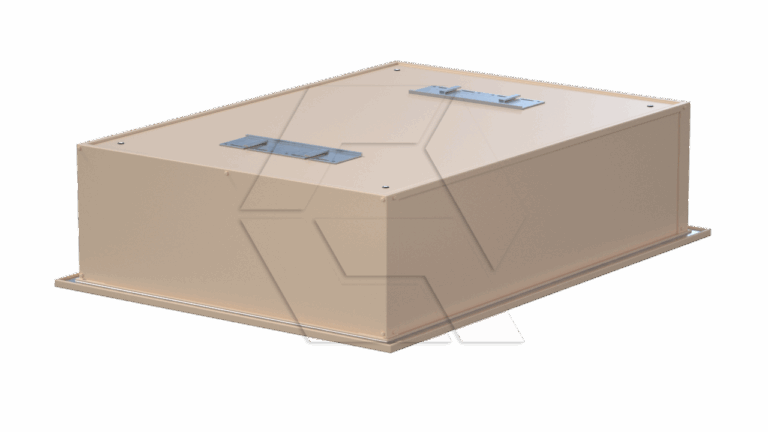 A beige rectangular metal box with a flat top and two metal handles. The box sits on a flat base against a plain white background.