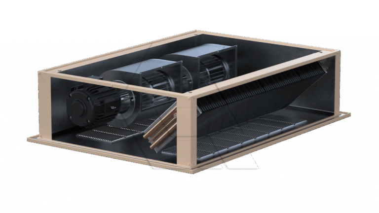 A 3D-rendered image of an industrial HVAC blower unit with twin cylindrical fans, a motor, and angled heat exchanger fins, housed in a rectangular metal casing.