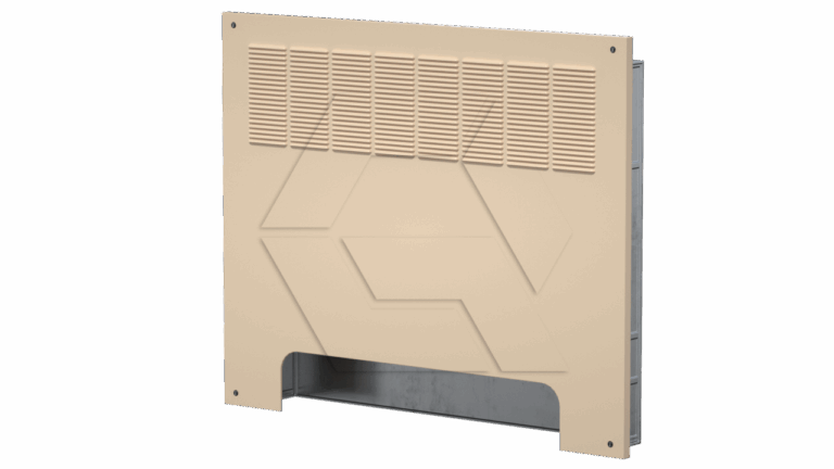A beige rectangular wall heater panel with vent slits near the top and a geometric embossed pattern in the center, shown against a plain white background.