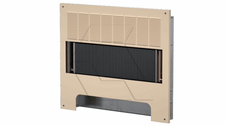 A beige wall-mounted gas heater with a vented front panel and exposed black fins, set against a plain white background.