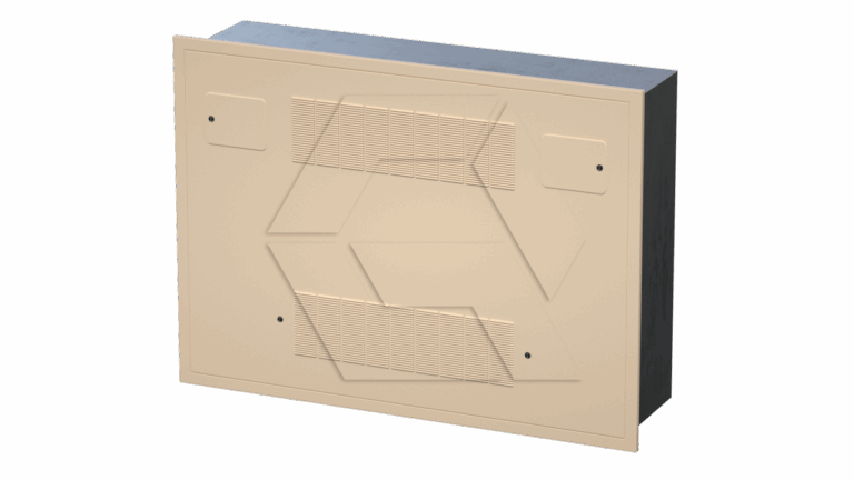 A beige rectangular metal panel with geometric patterns and ventilation grilles, mounted on a dark grey box, viewed from the front at a slight angle on a plain background.