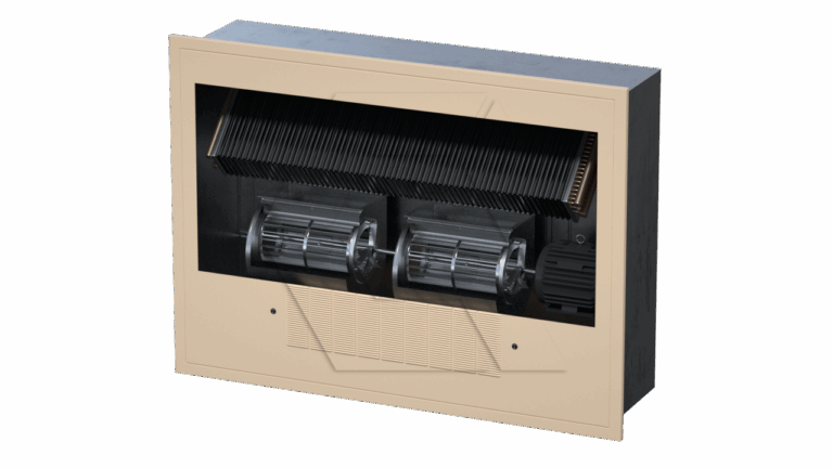 A beige rectangular HVAC unit with a transparent front panel revealing two cylindrical fans, a motor, and angled black fins inside.