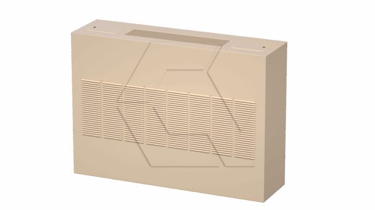 A beige rectangular air vent unit with a slatted front grille and top air outlet, placed against a plain white background.