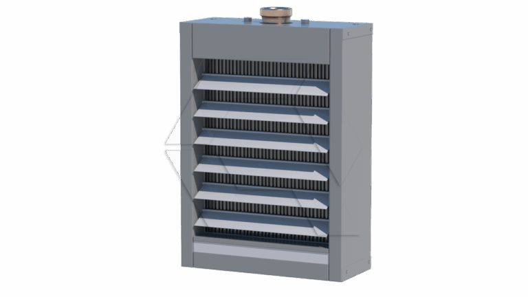A rectangular industrial heater with horizontal louvers, a vented top, and a metallic finish, designed for wall mounting.