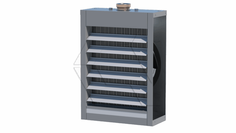 A rectangular industrial air heater with angled front vents and a circular exhaust port on top, shown against a plain white background.