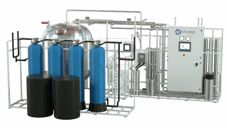 Industrial water purification system with three large blue cylindrical tanks, two black containers, metal pipes, a control panel, and a large stainless steel tank, all enclosed in a white metal frame.