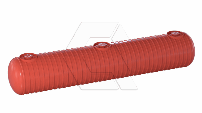 A long, cylindrical, red, ribbed plastic float with three circular attachment points evenly spaced along the top.