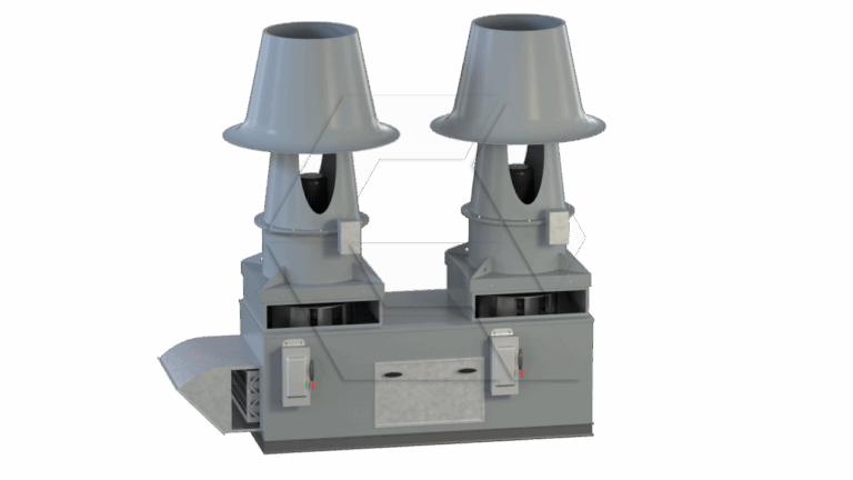 A 3D-rendered image of a dual industrial exhaust or ventilation system with two large cylindrical vents on top of a rectangular gray metal base, featuring control panels and access doors.