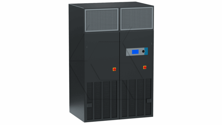 A large, black industrial electrical cabinet with two front doors, ventilation grills on top and bottom, a digital control panel with a blue screen, and two red emergency stop buttons.