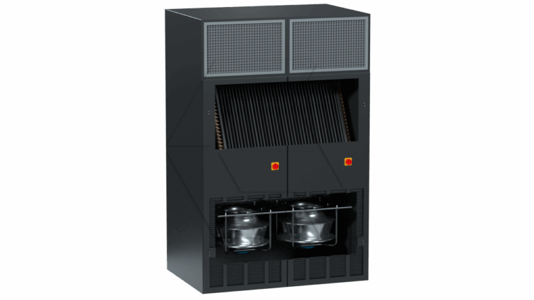 A black industrial vending machine-style dispenser with two visible metal canisters at the bottom and slanted internal racks above; two red buttons are positioned on the front panel.