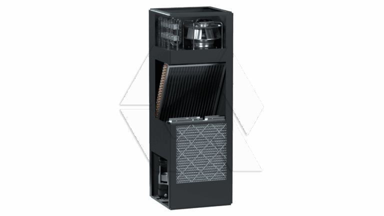 A black, vertical desktop computer case with mesh panels, visible internal components, and an angular, modern design standing upright against a light-colored background.