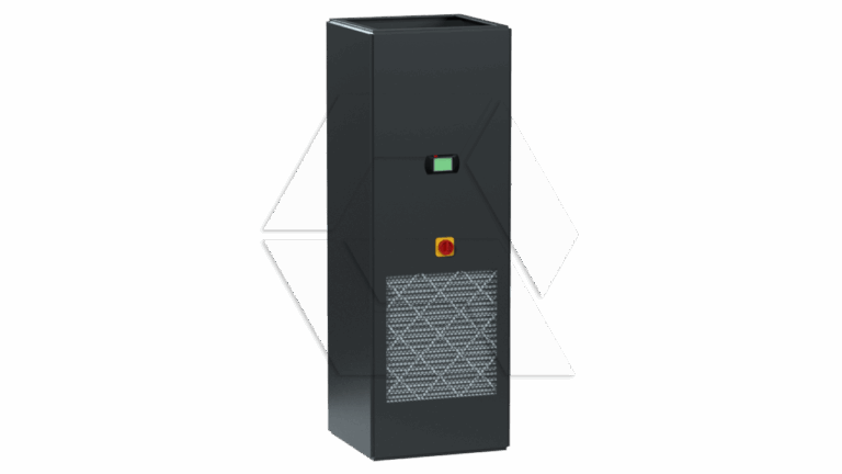 A tall, rectangular black electronic device with a vented lower front panel, a small green display, and a red emergency button on its front, set against a plain light background.