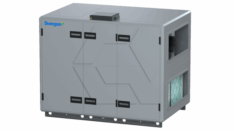 A large gray commercial HVAC unit with multiple access doors, air filters, and vents. The Swegon logo is visible on the upper left corner of the unit.