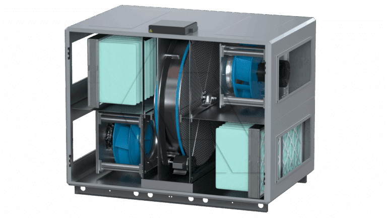 A metal ventilation unit with an open side, displaying internal components such as blue fans, filters, and a circular heat exchanger, all housed within a rectangular gray casing.