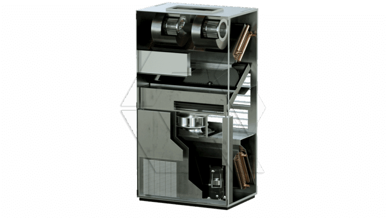 A metallic, rectangular industrial machine with multiple compartments, gears, and cylindrical components, shown in a cutaway view to reveal its internal mechanical parts and structure.