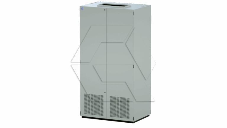 A tall, rectangular, light gray industrial cabinet with two front doors and ventilation grilles at the bottom, standing on a plain white background.