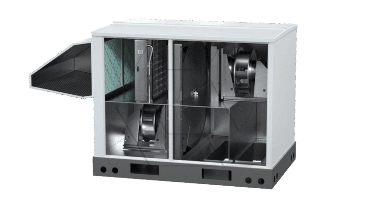 A cutaway view of an industrial HVAC unit showing its internal components, including fans, filters, and ducts, with part of the outer casing removed to reveal the inner structure.