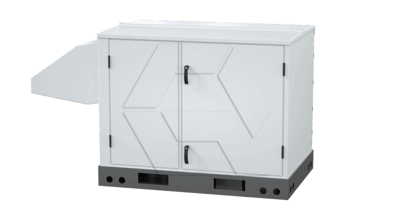A white, modern rectangular cabinet with two front doors, black handles, geometric patterns on the doors, and a black vented base, shown against a plain background.