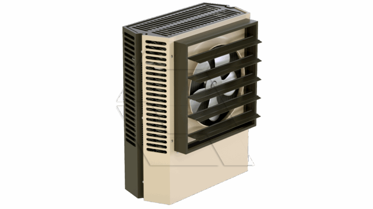 A beige and black wall-mounted industrial heater or fan unit with front-facing horizontal slats and a visible internal fan.