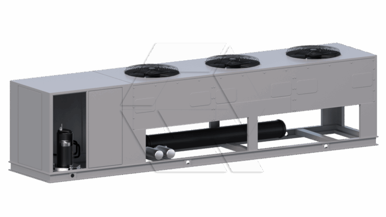 A large industrial HVAC unit with three circular fans on top, an exposed compartment showing a black compressor, and several visible pipes against a plain white background.