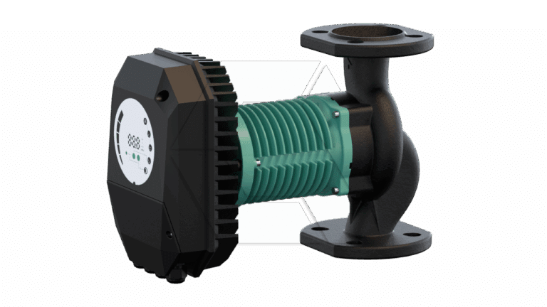 A close-up of an industrial water pump with a black control unit, a green ribbed cylindrical section, and two flanged pipe connections for inlet and outlet.