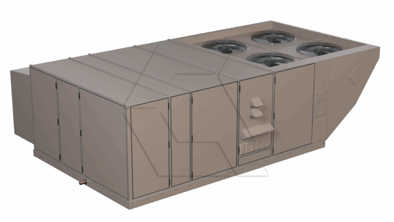 A large industrial rooftop HVAC unit with multiple vented fans on top and several access panels along the side, designed for commercial heating, ventilation, and air conditioning.