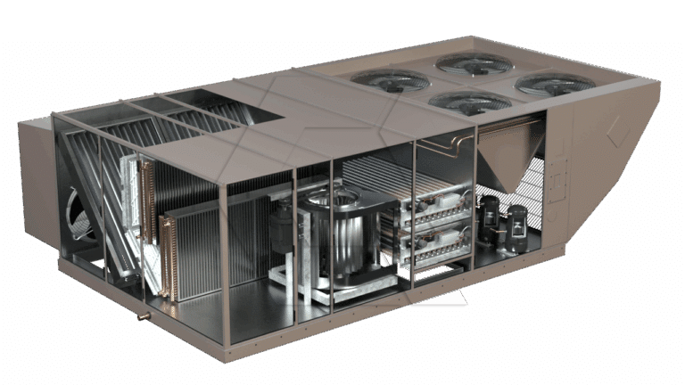 Cutaway view of a large industrial HVAC unit showing internal components such as fans, coils, filters, and piping, with visible wiring and mechanical parts for heating, ventilation, and air conditioning.