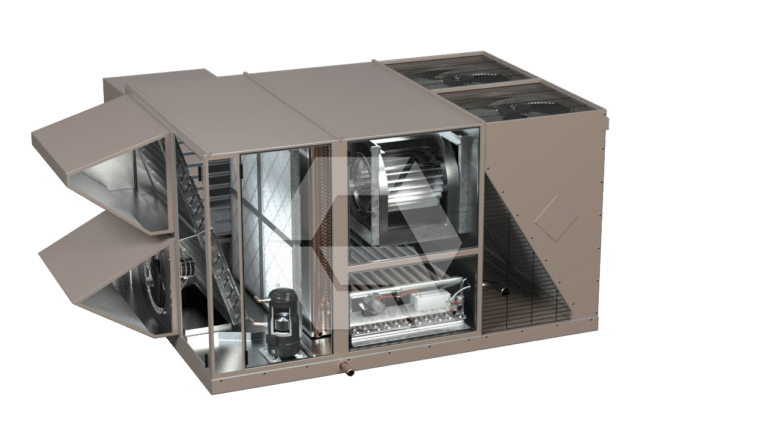 A cutaway view of a large industrial HVAC unit showing internal components such as fans, filters, coils, and ductwork, with the metal exterior partially removed for visibility.