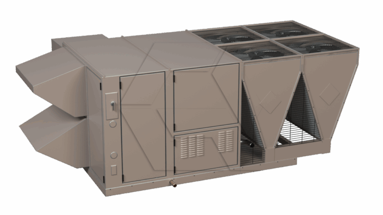 A large commercial HVAC rooftop unit with ventilation ducts, metal panels, and protective grills over fan sections, set against a plain white background.
