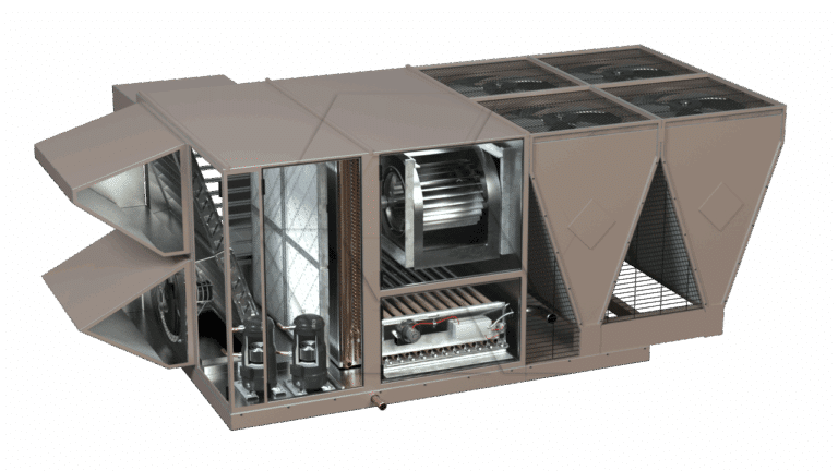 A large industrial HVAC unit with a cutaway view showing internal components, including fans, coils, filters, and ducts, designed for commercial air handling and ventilation.