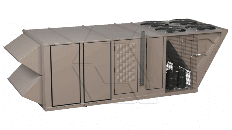 A large commercial HVAC rooftop unit with metal panels, two angled air vents on one end, and three visible fans on top; internal components are partially exposed behind a metal grate on the side.