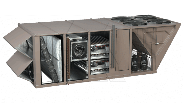 A cutaway view of a large industrial HVAC rooftop unit, showing internal components like fans, coils, filters, compressors, and ductwork. The exterior is tan-colored with metal mesh and four circular fans on top.