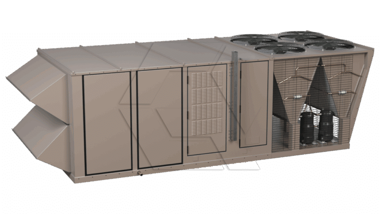 Large industrial HVAC rooftop unit with metal panels, air intake vents on the left, and four visible fan units on the top right, partially covered by a protective metal grid.