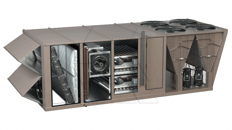 A large industrial HVAC unit is shown in cross-section, revealing internal components such as fans, coils, filters, wiring, and several cylindrical compressors behind a protective metal grille.