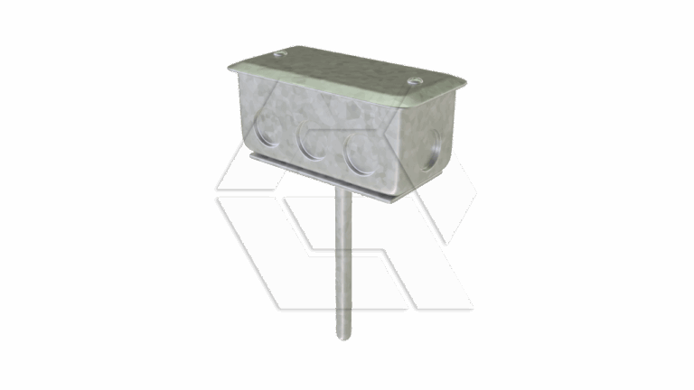 A metal electrical box with a flat lid and knockouts on the sides, mounted on a vertical metal post against a plain white background.