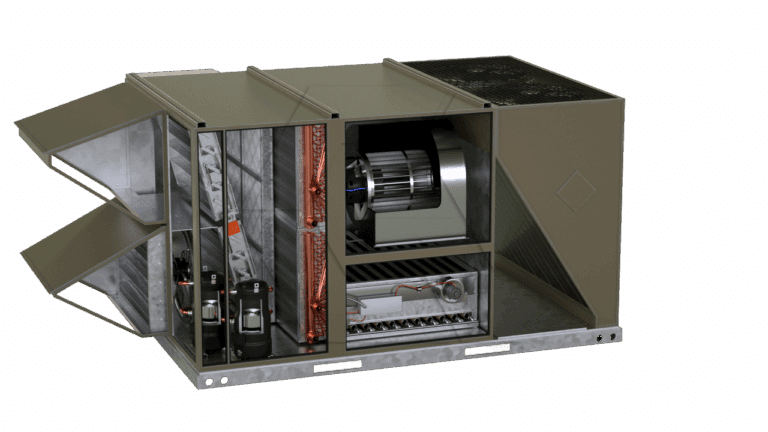 Cutaway view of a large industrial HVAC unit showing internal components, including compressors, coils, blower fan, wiring, and ductwork, with some panels open to reveal the machinery inside.
