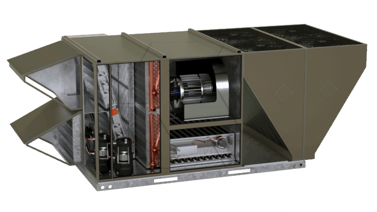 A large commercial HVAC unit with a cutaway view showing internal components, including fans, compressors, coils, wiring, and ductwork, sitting on a metal base against a white background.