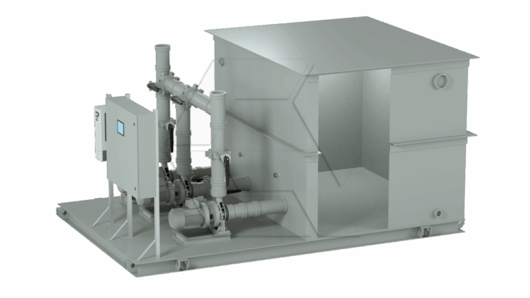 A large industrial water treatment unit with metal pipes, pumps, a control panel, and a rectangular tank, all mounted on a metal base. The equipment is clean and shown against a plain white background.