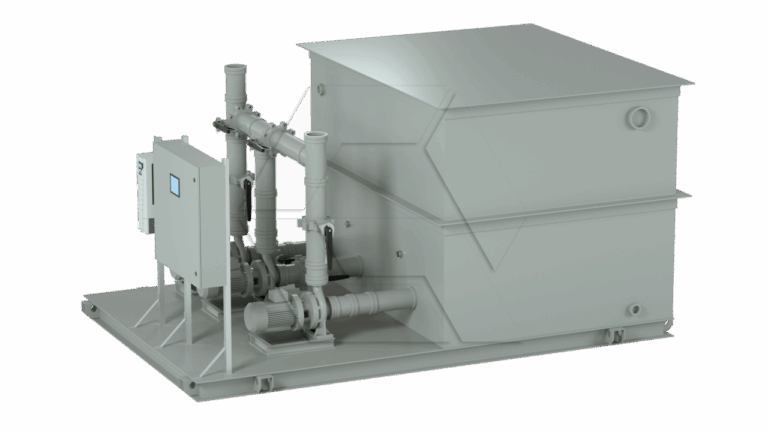 A large, industrial wastewater treatment unit with pipes, pumps, and a control panel mounted on a metal base, next to a rectangular tank. The system is light gray and appears clean and unused.