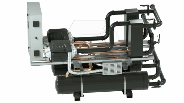 A 3D-rendered industrial chiller system featuring black cylindrical tanks, copper piping, two large motors, control panel, and interconnected black pipes, viewed from a side angle on a white background.