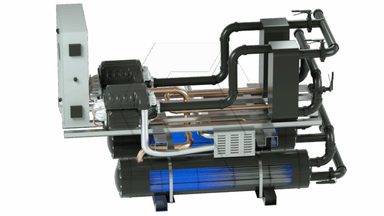 A 3D-rendered industrial machine featuring black pipes, metal components, a control panel on the left, and blue cylindrical tanks at the base. The equipment is set against a plain, light background.