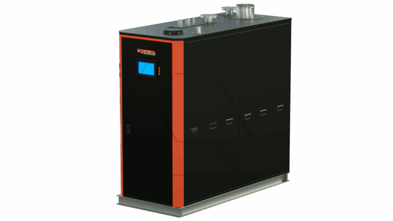A large, black industrial boiler with orange accents, a digital display screen, multiple access panels, and metal vents on top, set against a plain white background.