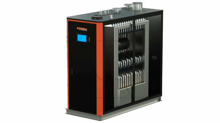 A modern industrial boiler with a black and orange exterior, a digital display screen, and visible internal piping and components, shown on a light background.